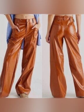 Free People Star Crossed Lovers Camel Brown Vegan Leather Wide Leg Pant SIZE 8